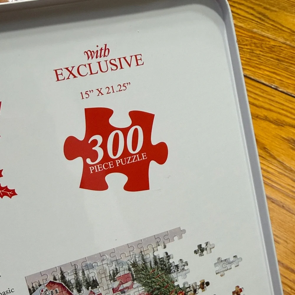 Christmas Scene 300 piece puzzle in a collector tin.  Originally a cookie tin.